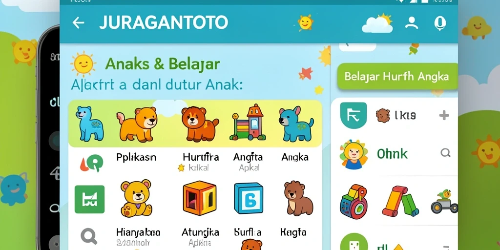 Antarmuka aplikasi JURAGANTOTO yang interaktif dalam belajar huruf dan angka.