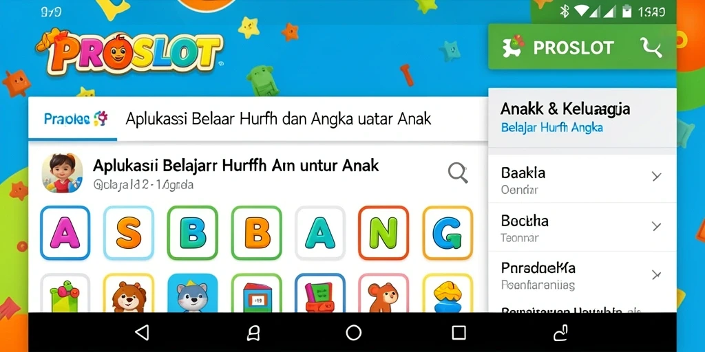 Tampilan aplikasi PROSLOT yang interaktif dan edukatif untuk belajar huruf dan angka.