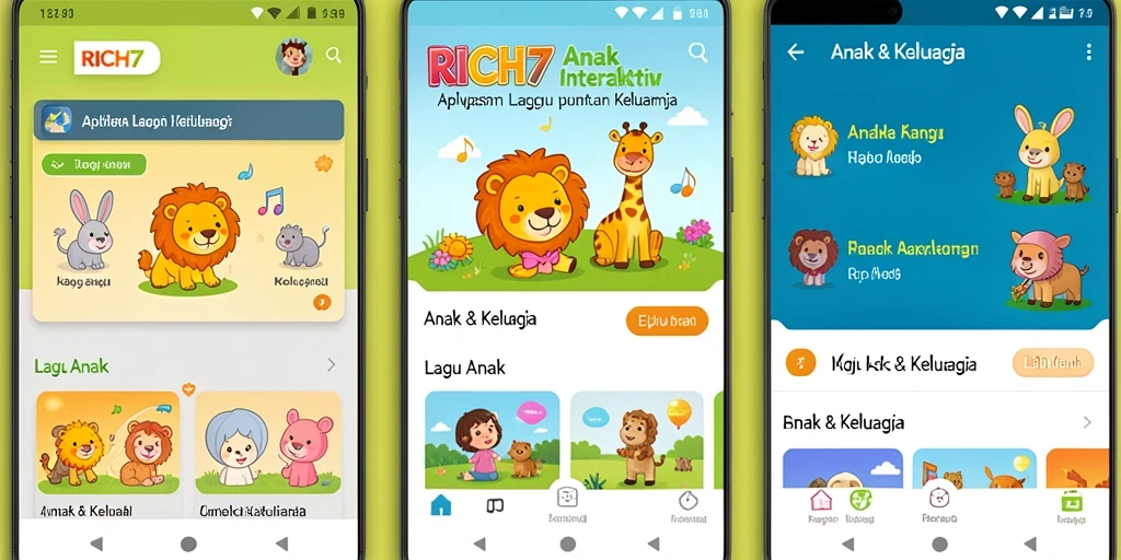 Tampilan antarmuka RICH7 yang menarik dengan berbagai kategori lagu anak.